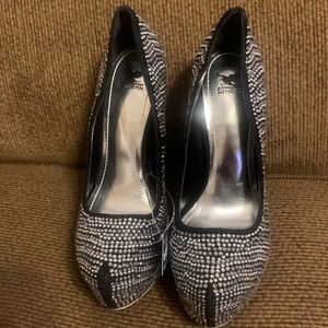 Brand new black rhinestone and silver bead studded pumps